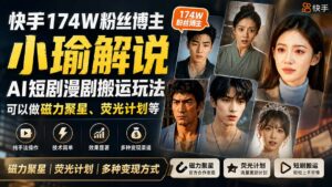 （20109期）快手174W粉丝博主小瑜解说AI短剧漫剧搬运玩法，可以做磁力聚星、荧光计划等