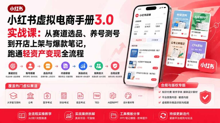 （20054期）小红书虚拟电商手册3.0实战课：从赛道选品、养号测号到开店上架与爆款笔记，跑通轻资产变现全流程