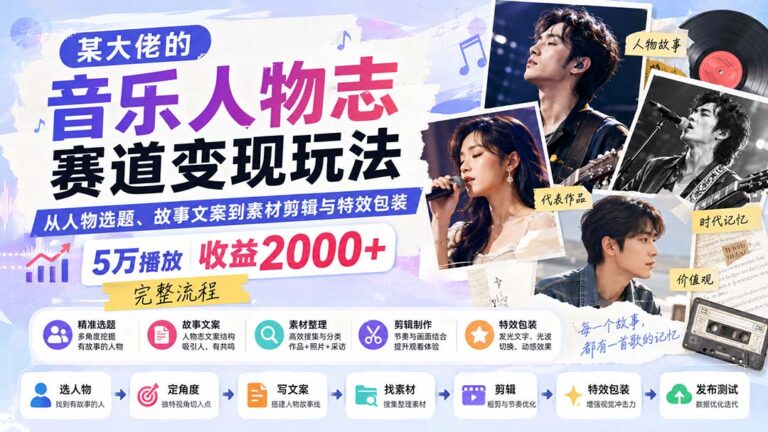 （20121期）某大佬的音乐人物志赛道变现玩法：从人物选题、故事文案到素材剪辑与特效包装，5万播放收益2000+完整流程