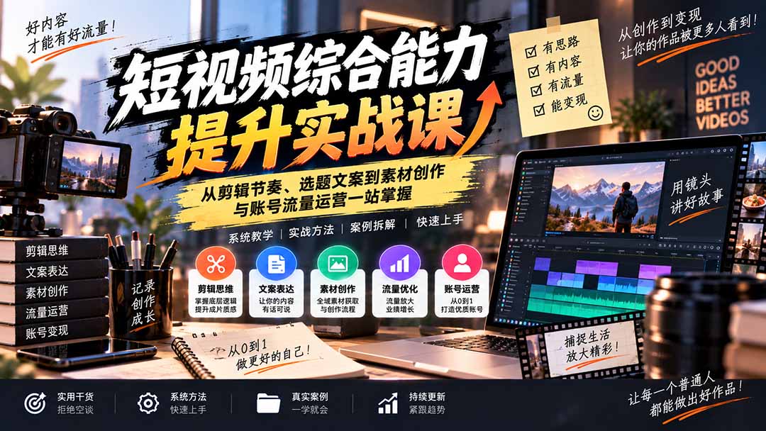 (20599期)短视频综合能力提升实战课:从剪辑节奏、选题文案到素材创作与账号流量运营一站掌握 (20599期)短视频综合能力提升实战课:从剪辑节奏、选题文案到素材创作与账号流量运营一站掌握