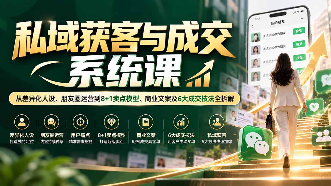 私域获客与成交系统课:从差异化人设、朋友圈运营到8+1卖点模型、商业文案及6大成交技法全拆解 私域获客与成交系统课:从差异化人设、朋友圈运营到8+1卖点模型、商业文案及6大成交技法全拆解