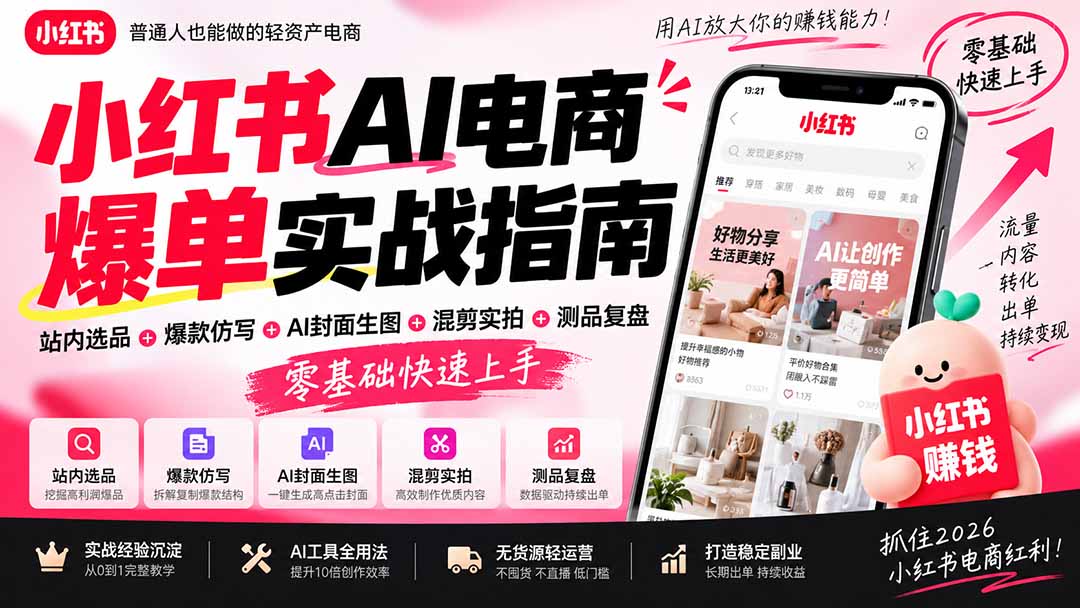 (20516期)2026小红书AI电商爆单实战指南:站内选品+爆款仿写+AI封面生图+混剪实拍+测品复盘,零基础快速上手 (20516期)2026小红书AI电商爆单实战指南:站内选品+爆款仿写+AI封面生图+混剪实拍+测品复盘,零基础快速上手