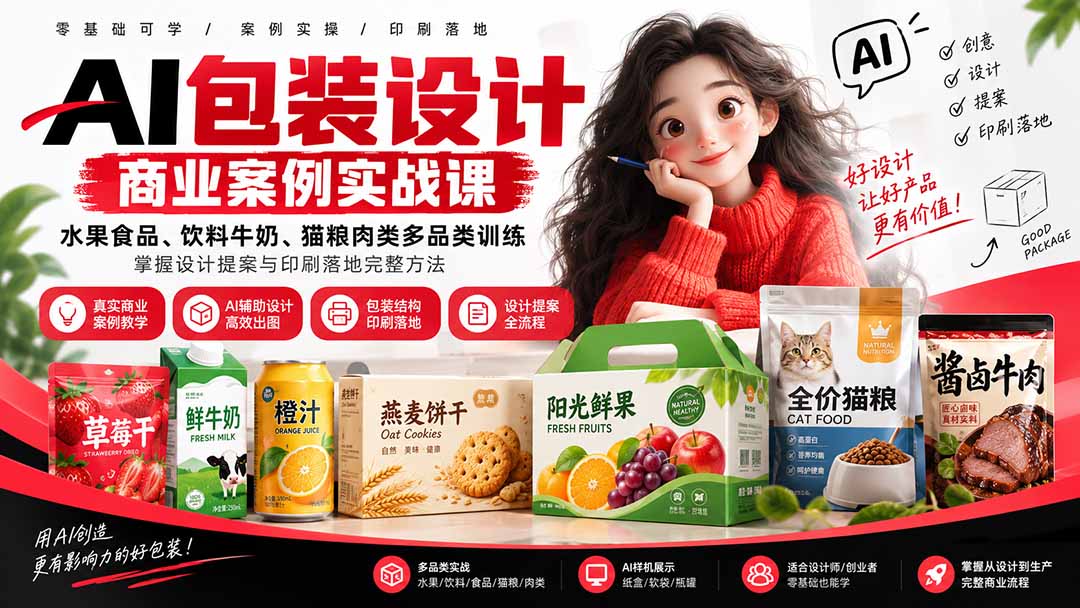 (20387期)AI包装设计商业案例实战课:水果食品、饮料牛奶、猫粮肉类多品类训练,掌握设计提案与印刷落地完整方法 (20387期)AI包装设计商业案例实战课:水果食品、饮料牛奶、猫粮肉类多品类训练,掌握设计提案与印刷落地完整方法