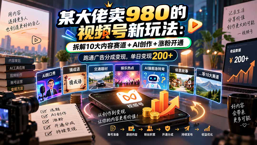 (20572期)某大佬卖980的视频号新玩法:拆解10大内容赛道+AI创作+涨粉开通,跑通广告分成变现,单日变现200+ (20572期)某大佬卖980的视频号新玩法:拆解10大内容赛道+AI创作+涨粉开通,跑通广告分成变现,单日变现200+