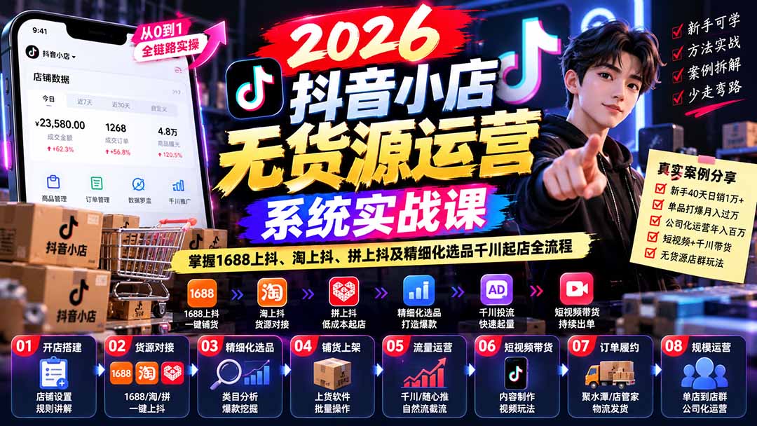 2026抖音小店无货源运营系统实战课：掌握1688上抖、淘上抖、拼上抖及精细化选品千川起店全流程