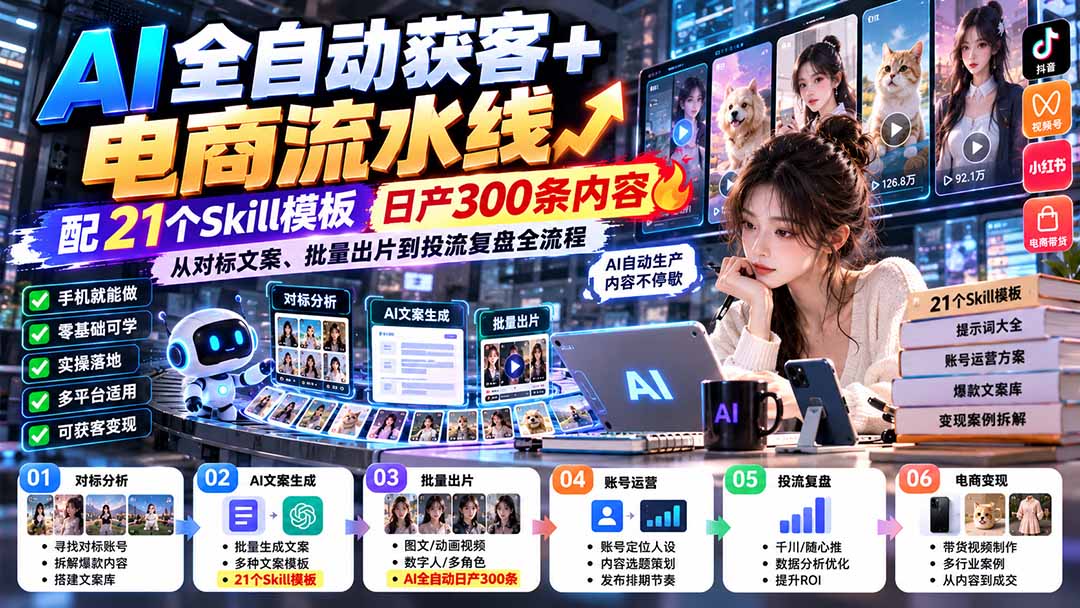 AI全自动获客+电商流水线:配21个Skill模板,日产300条内容,从对标文案、批量出片到投流复盘全流程 AI全自动获客+电商流水线:配21个Skill模板,日产300条内容,从对标文案、批量出片到投流复盘全流程