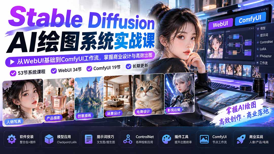 Stable Diffusion AI绘图系统实战课:从WebUI基础到ComfyUI工作流,掌握商业设计与高效出图 Stable Diffusion AI绘图系统实战课:从WebUI基础到ComfyUI工作流,掌握商业设计与高效出图