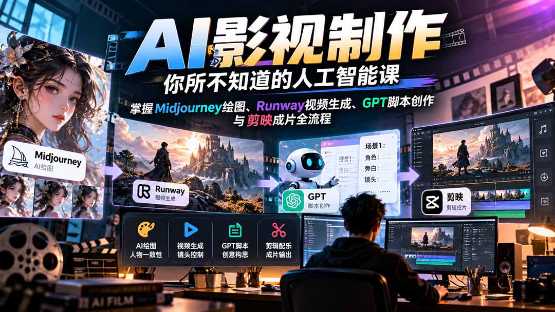 AI影视制作-你所不知道的人工智能课,掌握Midjourney绘图、Runway视频生成、GPT脚本创作与剪映成片全流程 AI影视制作-你所不知道的人工智能课,掌握Midjourney绘图、Runway视频生成、GPT脚本创作与剪映成片全流程