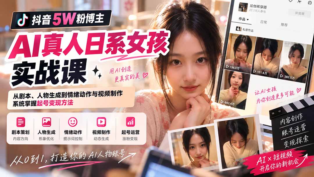 (20387期)抖音5W粉博主AI真人日系女孩实战课:从剧本、人物生成到情绪动作与视频制作,系统掌握起号变现方法 (20387期)抖音5W粉博主AI真人日系女孩实战课:从剧本、人物生成到情绪动作与视频制作,系统掌握起号变现方法