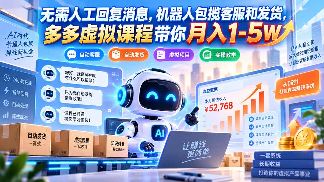 (20614期)无需人工回复消息,机器人包揽客服和发货,多多虚拟课程带你月入1-5W (20614期)无需人工回复消息,机器人包揽客服和发货,多多虚拟课程带你月入1-5W