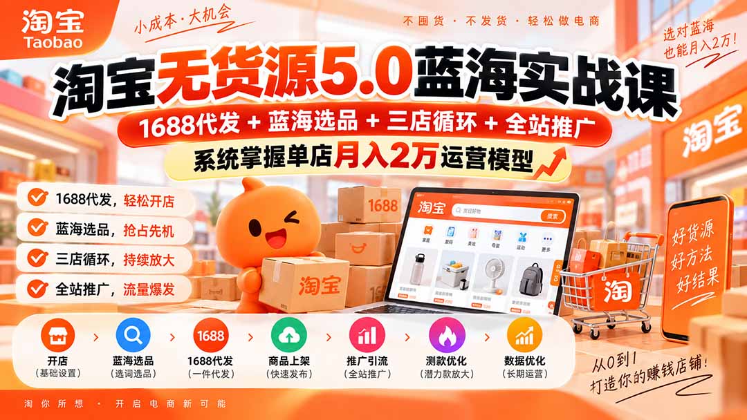 (20397期)淘宝无货源5.0蓝海实战课-更新:1688代发+蓝海选品+三店循环+全站推广,系统掌握单店月入2万运营模型 (20397期)淘宝无货源5.0蓝海实战课-更新:1688代发+蓝海选品+三店循环+全站推广,系统掌握单店月入2万运营模型