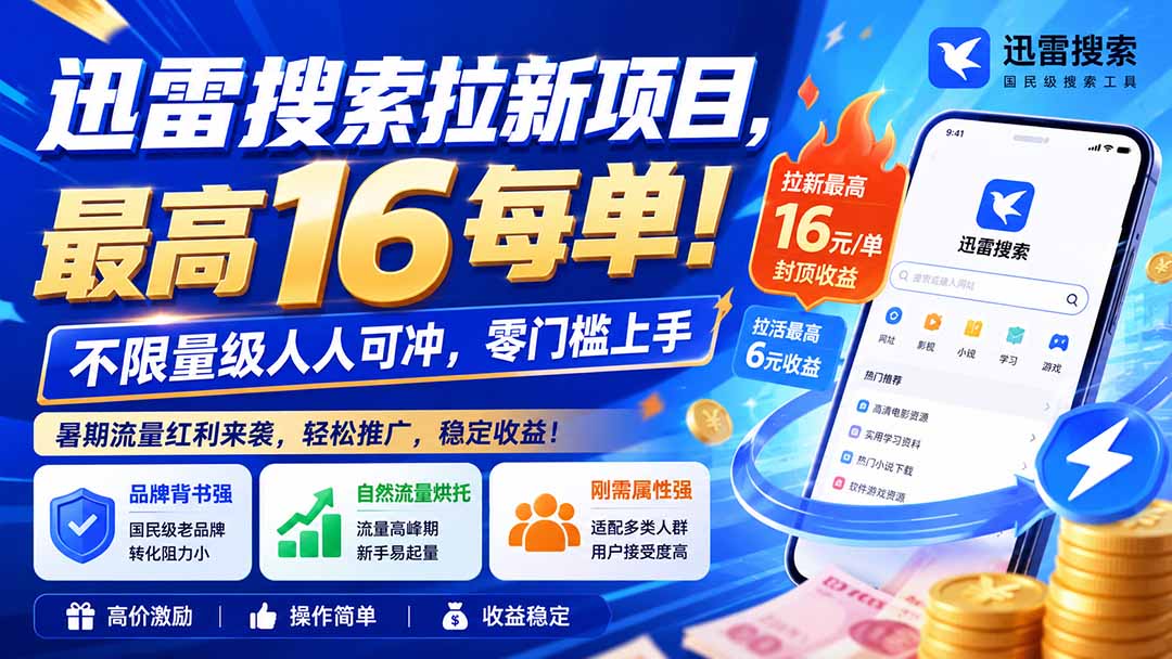 (20355期)迅雷搜索拉新项目-更新0909,最高16元/每单!不限量级人人可冲,零门槛上手 (20355期)迅雷搜索拉新项目-更新0909,最高16元/每单!不限量级人人可冲,零门槛上手