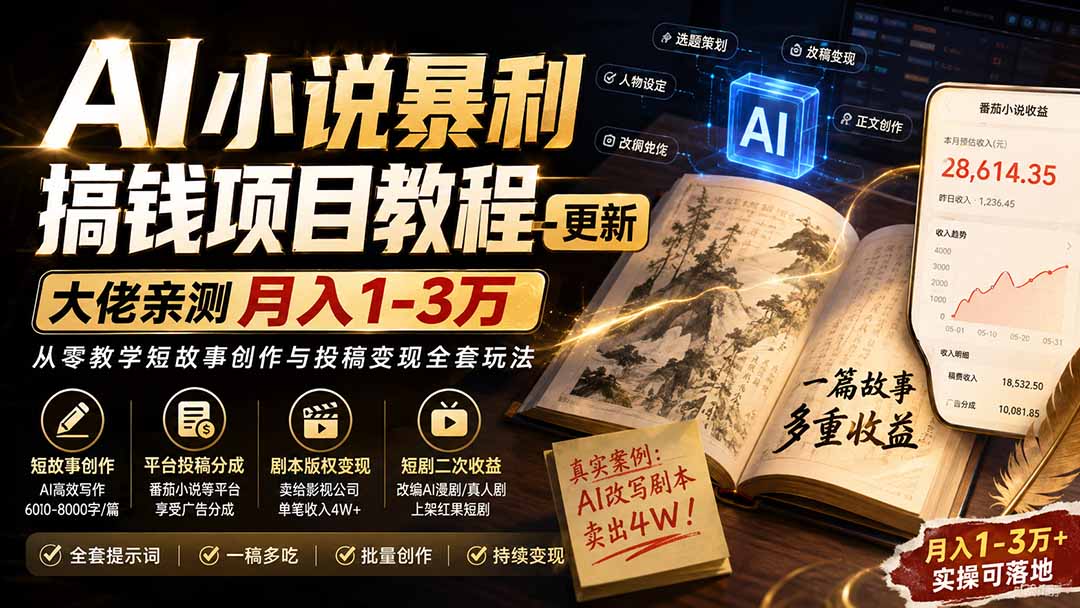 (20357期)AI小说短故事暴利搞钱项目教程-更新,大佬亲测月入1-3万,从零教学短故事创作与投稿变现全套玩法 (20357期)AI小说短故事暴利搞钱项目教程-更新,大佬亲测月入1-3万,从零教学短故事创作与投稿变现全套玩法