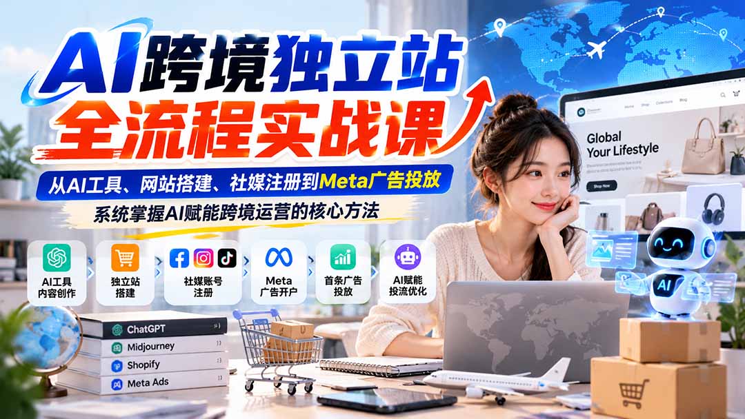 AI跨境独立站全流程实战课:从AI工具、网站搭建、社媒注册到Meta广告投放,系统掌握AI赋能跨境运营的核心方法 AI跨境独立站全流程实战课:从AI工具、网站搭建、社媒注册到Meta广告投放,系统掌握AI赋能跨境运营的核心方法