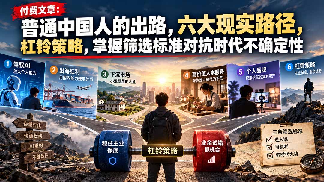 付费文章:普通中国人的出路,六大现实路径,杠铃策略,掌握筛选标准对抗时代不确定性 付费文章:普通中国人的出路,六大现实路径,杠铃策略,掌握筛选标准对抗时代不确定性