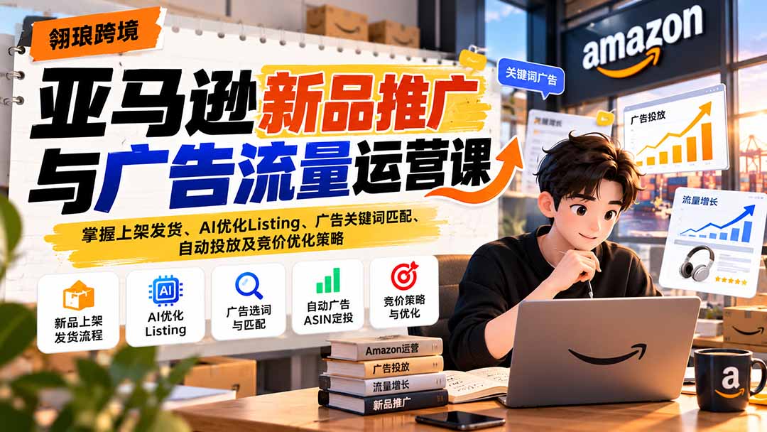 亚马逊新品推广与广告流量运营课：掌握上架发货、AI优化Listing、广告关键词匹配、自动投放及竞价优化策略