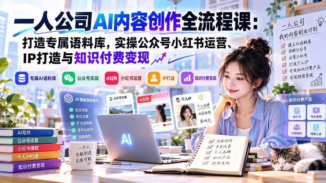 一人公司AI内容创作全流程课:打造专属语料库,实操公众号小红书运营、IP打造与知识付费变现方法论 一人公司AI内容创作全流程课:打造专属语料库,实操公众号小红书运营、IP打造与知识付费变现方法论