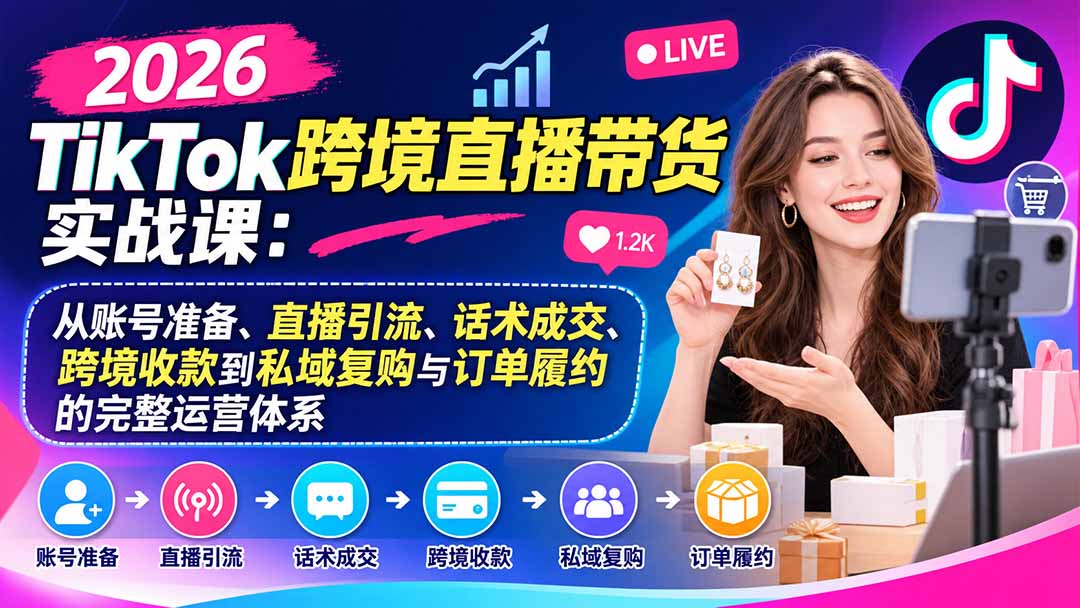 2026TikTok跨境直播带货实战课:从账号准备、直播引流、话术成交、跨境收款到私域复购与订单履约的完整运营体系 2026TikTok跨境直播带货实战课:从账号准备、直播引流、话术成交、跨境收款到私域复购与订单履约的完整运营体系