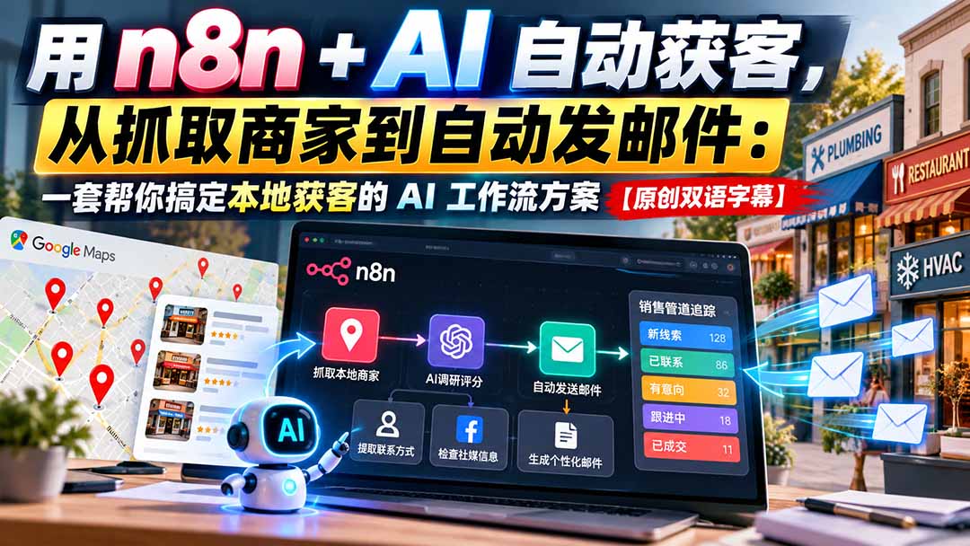 用 n8n + AI 自动获客，从抓取商家到自动发邮件：一套帮你搞定本地获客的 AI 工作流方案【原创双语字幕】