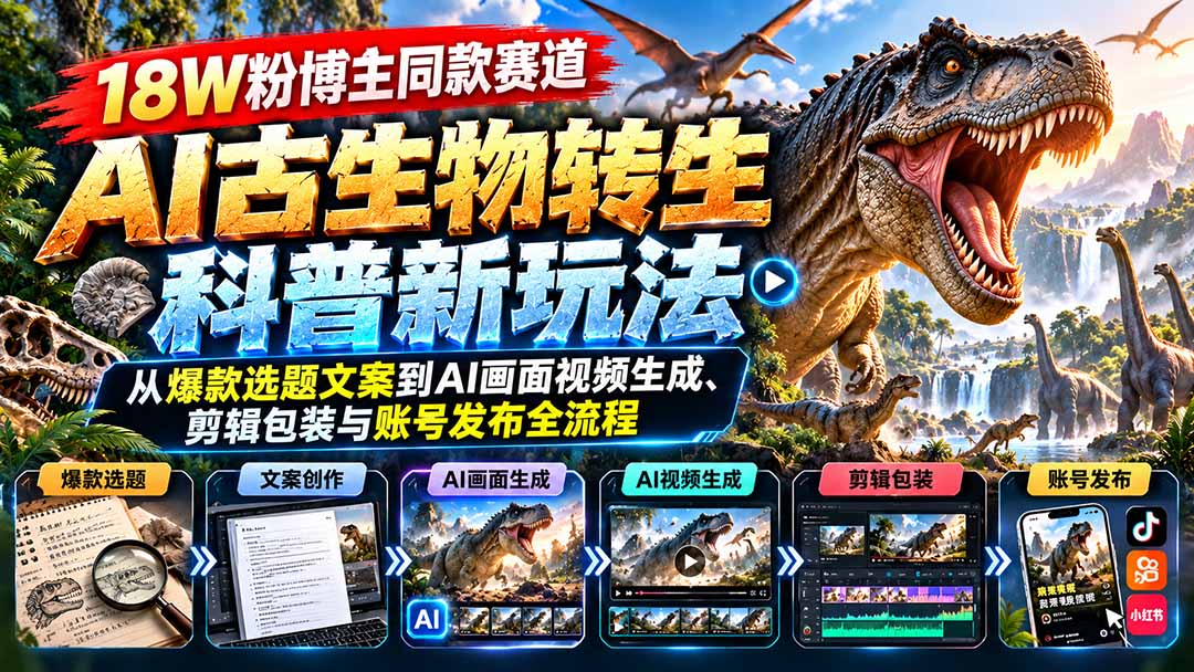 18W粉博主同款赛道-AI古生物转生科普新玩法:从爆款选题文案到AI画面视频生成、剪辑包装与账号发布全流程 18W粉博主同款赛道-AI古生物转生科普新玩法:从爆款选题文案到AI画面视频生成、剪辑包装与账号发布全流程