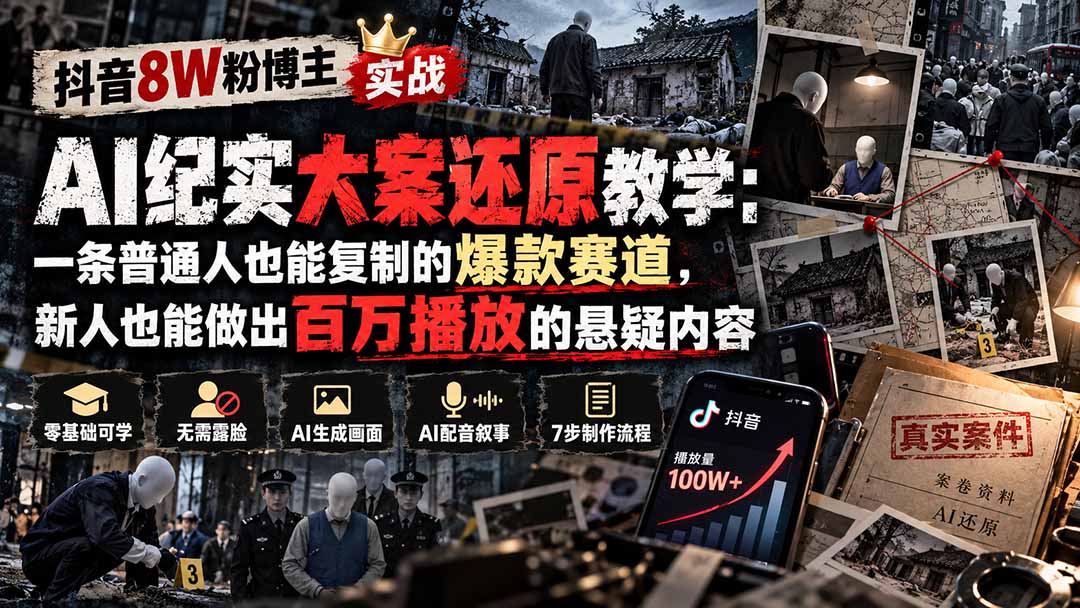 抖音8W粉博主AI纪实大案还原教学:一条普通人也能复制的爆款赛道,新人也能做出百万播放的悬疑内容 抖音8W粉博主AI纪实大案还原教学:一条普通人也能复制的爆款赛道,新人也能做出百万播放的悬疑内容