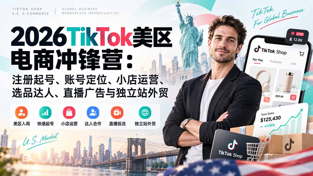 2026TikTok美区电商冲锋营：注册起号、账号定位、小店运营、选品达人、直播广告与独立站外贸