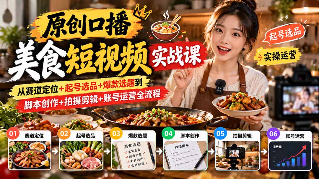 原创口播美食短视频实战课:从赛道定位+起号选品+爆款选题到脚本创作+拍摄剪辑+账号运营全流程 原创口播美食短视频实战课:从赛道定位+起号选品+爆款选题到脚本创作+拍摄剪辑+账号运营全流程