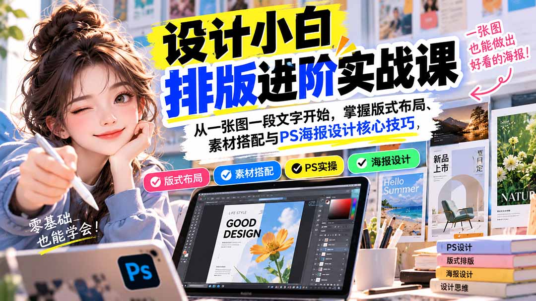 设计小白排版进阶实战课:从一张图一段文字开始,掌握版式布局、素材搭配与PS海报设计核心技巧 设计小白排版进阶实战课:从一张图一段文字开始,掌握版式布局、素材搭配与PS海报设计核心技巧
