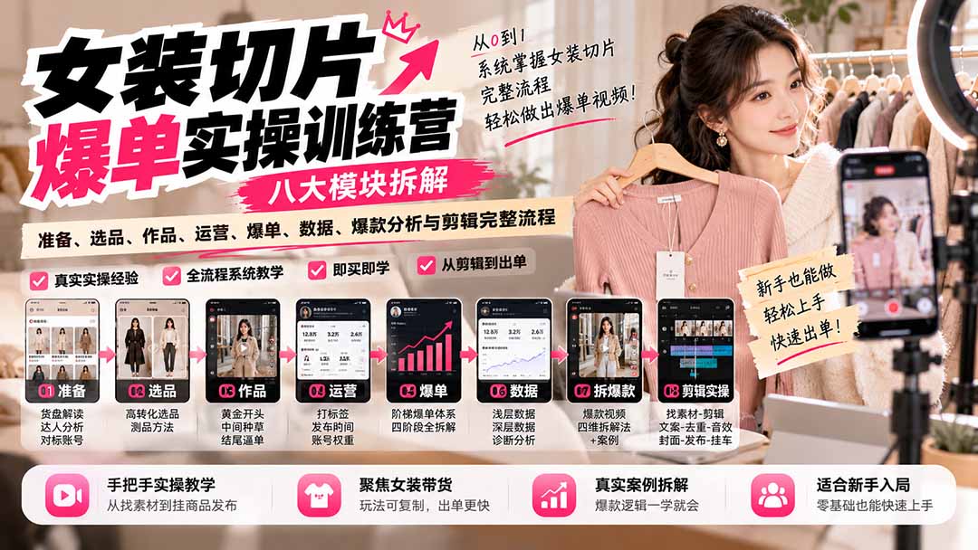 【无水印】女装切片爆单实操训练营:八大模块拆解准备、选品、作品、运营、爆单、数据、爆款分析与剪辑完整流程 【无水印】女装切片爆单实操训练营:八大模块拆解准备、选品、作品、运营、爆单、数据、爆款分析与剪辑完整流程