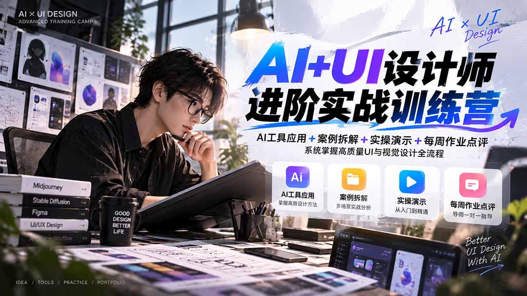 【无水印】AI+UI设计师进阶训练营-第4期:AI工具应用+案例拆解+实操演示+作业点评,掌握高质量UI与视觉设计全流程 【无水印】AI+UI设计师进阶训练营-第4期:AI工具应用+案例拆解+实操演示+作业点评,掌握高质量UI与视觉设计全流程