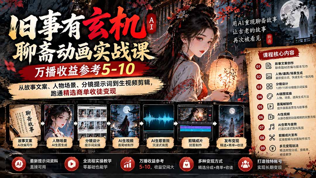 旧事有玄机AI聊斋动画实战9月新课:万播收益参考5-10,从故事文案、人物场景到分镜生视频,跑通精选商单收徒 旧事有玄机AI聊斋动画实战9月新课:万播收益参考5-10,从故事文案、人物场景到分镜生视频,跑通精选商单收徒