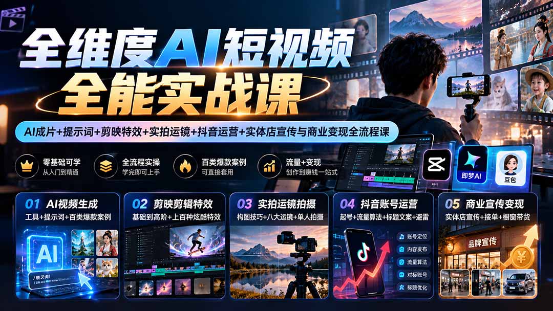 【无水印】全维度AI短视频全能实战课：AI成片+提示词+剪映特效+实拍运镜+抖音运营+实体店宣传与商业变现全流程课