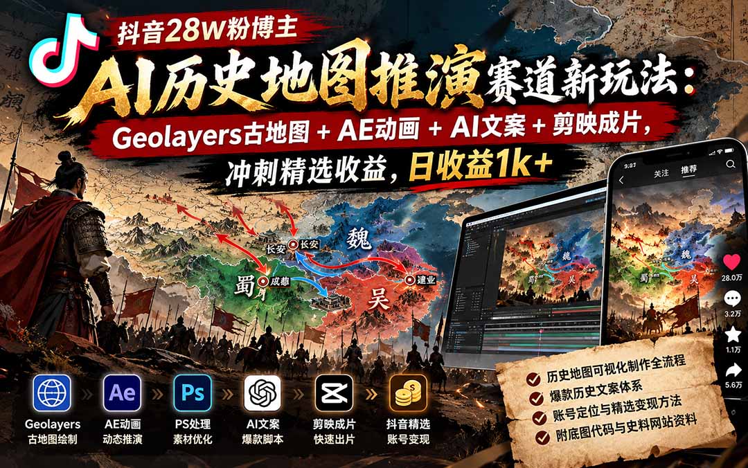 抖音28W粉博主AI历史地图推演赛道新玩法:Geolayers古地图+AE动画+AI文案+剪映成片,冲刺精选收益,日收益1k+ 抖音28W粉博主AI历史地图推演赛道新玩法:Geolayers古地图+AE动画+AI文案+剪映成片,冲刺精选收益,日收益1k+
