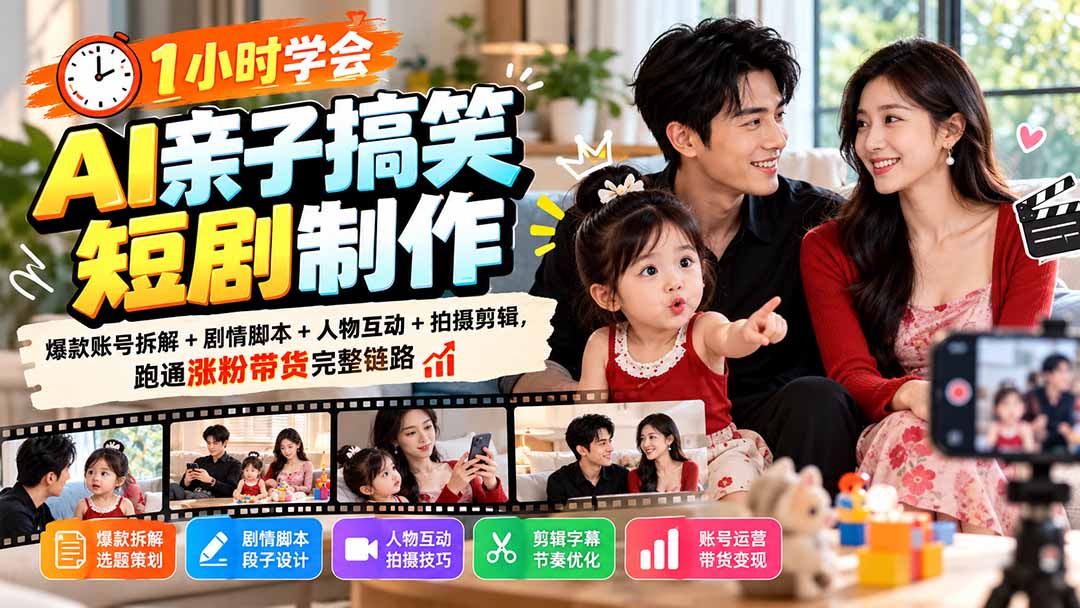 1小时学会AI亲子搞笑短剧制作:爆款账号拆解+剧情脚本+人物互动+拍摄剪辑,跑通涨粉带货完整链路 1小时学会AI亲子搞笑短剧制作:爆款账号拆解+剧情脚本+人物互动+拍摄剪辑,跑通涨粉带货完整链路