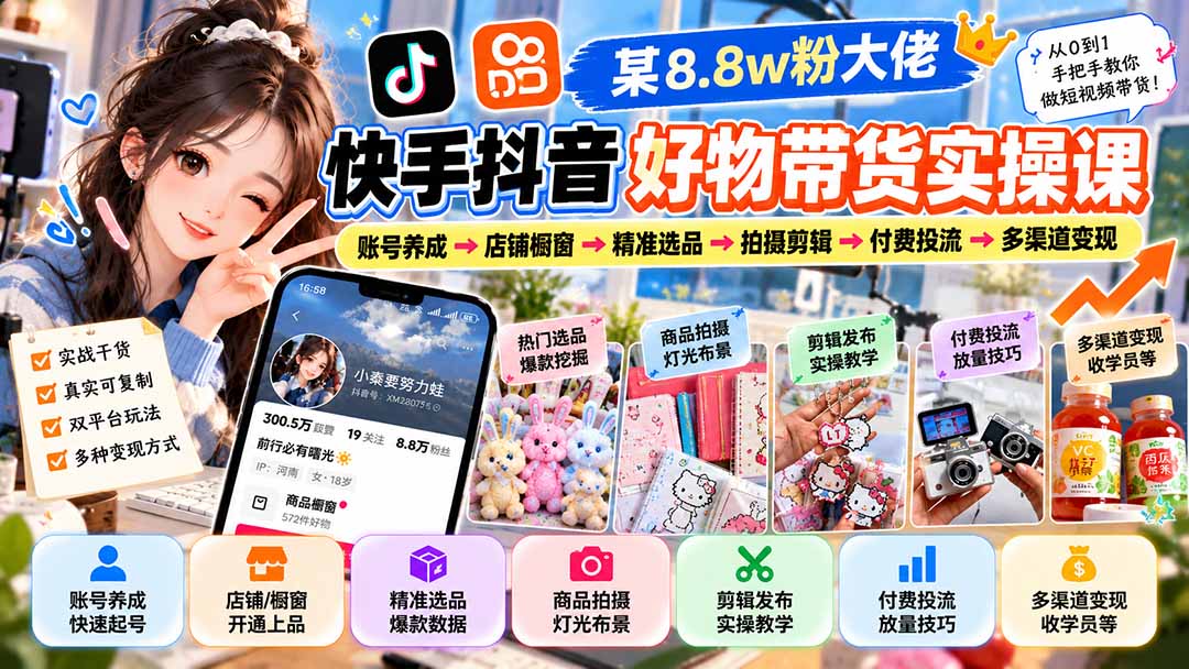 某8.8w粉大佬快手抖音好物带货实操课:账号养成→店铺橱窗→精准选品→拍摄剪辑→付费投流→多渠道变现 某8.8w粉大佬快手抖音好物带货实操课:账号养成→店铺橱窗→精准选品→拍摄剪辑→付费投流→多渠道变现
