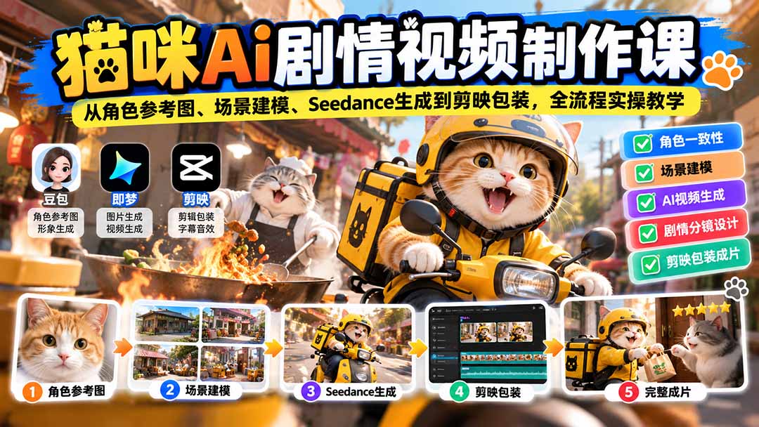 猫咪AI剧情视频制作课:从角色参考图、场景建模、Seedance生成到剪映包装,全流程实操教学 猫咪AI剧情视频制作课:从角色参考图、场景建模、Seedance生成到剪映包装,全流程实操教学