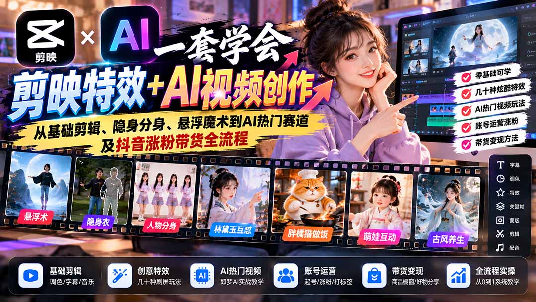 一套学会剪映特效+AI视频创作:从基础剪辑、隐身分身、悬浮魔术到AI热门赛道及抖音涨粉带货全流程 一套学会剪映特效+AI视频创作:从基础剪辑、隐身分身、悬浮魔术到AI热门赛道及抖音涨粉带货全流程
