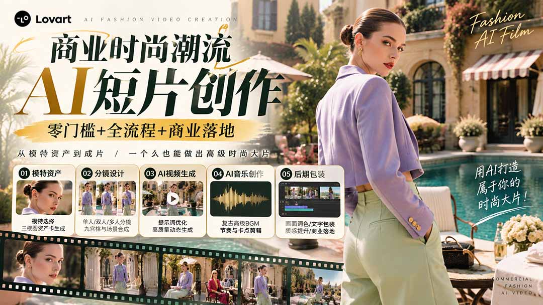 从一张模特图到高级时尚广告大片:AI三视图资产、场景合成、电影分镜、动态生成与复古音乐剪辑实战课 从一张模特图到高级时尚广告大片:AI三视图资产、场景合成、电影分镜、动态生成与复古音乐剪辑实战课