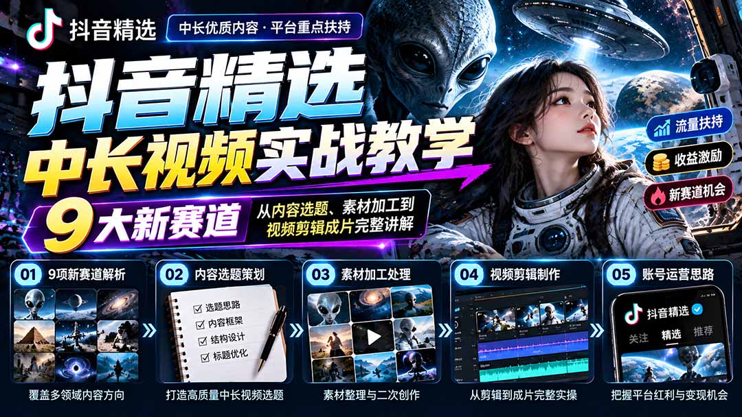抖音精选中长视频实战教学：拆解9项细分赛道，从内容选题、素材加工到视频剪辑成片完整讲解