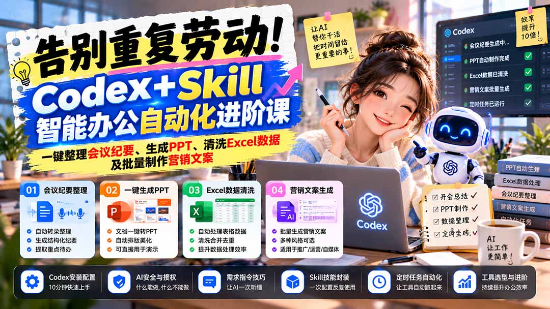 告别重复劳动!Codex+Skill智能办公自动化进阶课:一键整理会议纪要、生成PPT、清洗Excel数据及批量制作营销文案 告别重复劳动!Codex+Skill智能办公自动化进阶课:一键整理会议纪要、生成PPT、清洗Excel数据及批量制作营销文案