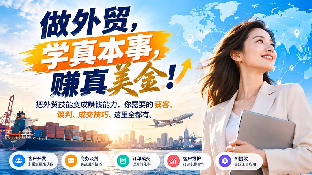 做外贸,学真本事,赚真美金!把外贸技能变成赚钱能力,你需要的获客、谈判、成交技巧,这里全都有 做外贸,学真本事,赚真美金!把外贸技能变成赚钱能力,你需要的获客、谈判、成交技巧,这里全都有