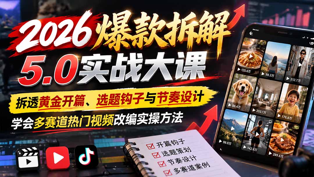 2026爆款拆解5.0实战大课：拆透黄金开篇、选题钩子与节奏设计，学会多赛道热门视频改编实操方法