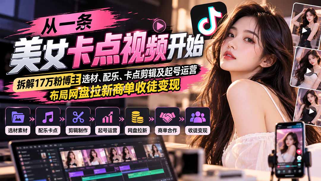 从一条美女卡点视频开始：拆解17万粉博主选材、配乐、卡点剪辑及起号运营，布局网盘拉新商单收徒变现