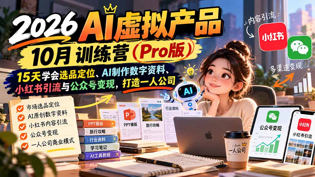 2026AI虚拟产品10月训练营(Pro版):15天学会选品定位、AI制作数字资料、小红书引流与公众号变现,打造一人公司 2026AI虚拟产品10月训练营(Pro版):15天学会选品定位、AI制作数字资料、小红书引流与公众号变现,打造一人公司