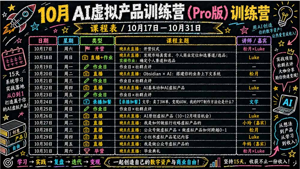 2026AI虚拟产品10月训练营(Pro版):15天学会选品定位、AI制作数字资料、小红书引流与公众号变现,打造一人公司 2026AI虚拟产品10月训练营(Pro版):15天学会选品定位、AI制作数字资料、小红书引流与公众号变现,打造一人公司